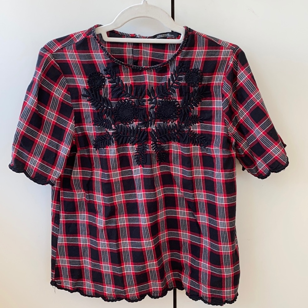 Red and black patterned Zara top